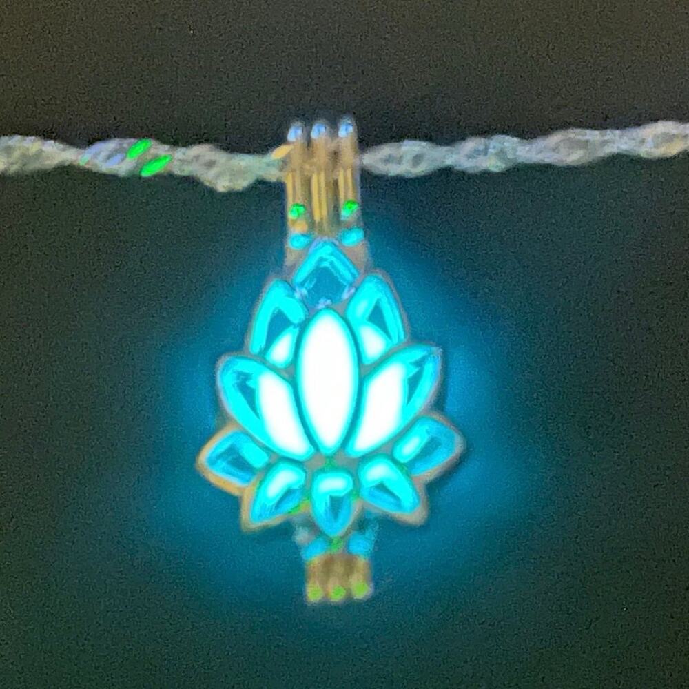 Lotus Caged Blue Green Glow In The Dark Bead Necklace